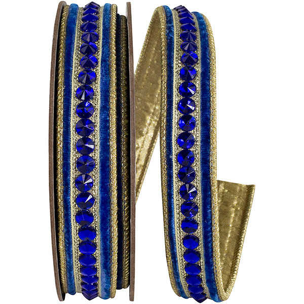 Blue Jeweled Velvet Wired Ribbon