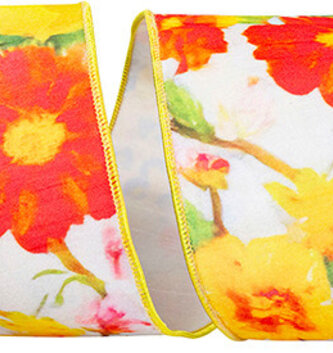 4" x 10 Yds Yellow Floral Dupioni Wired Ribbon