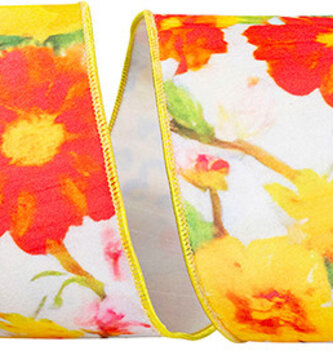 4" x 10 Yds Yellow Floral Dupioni Wired Ribbon