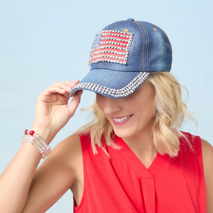 Denim Jeweled American Flag Hat