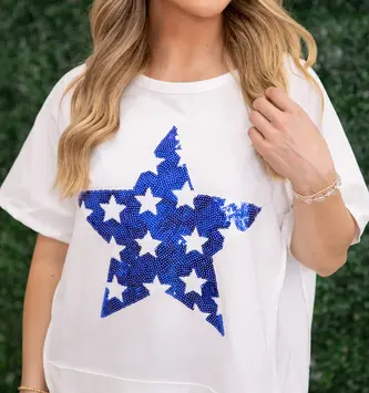 (2 Sizes) Patriotic Blue Sequined Star Top