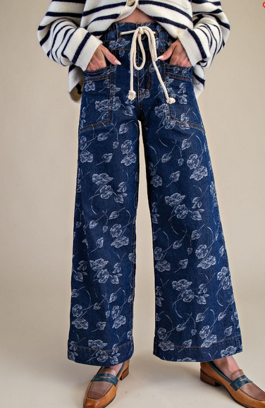 Easel Drawstring Floral  Washed Denim Jeans By: Easel