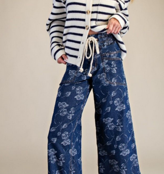Easel Drawstring Floral  Washed Denim Jeans By: Easel