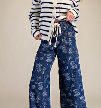 Easel Drawstring Floral  Washed Denim Jeans By: Easel