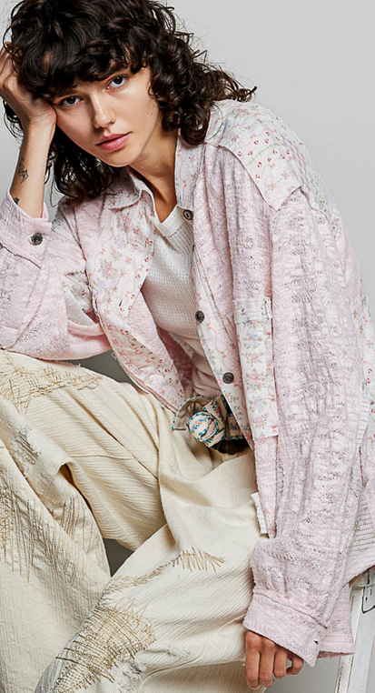 POL Clothing Inc Blush Lace Denim Long Sleeve Top By: POL