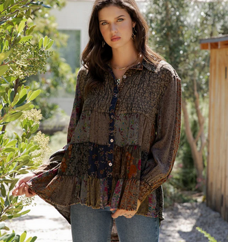 (4-Sizes) Patchwork Ruffle Tiered Top