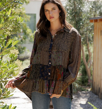 (4-Sizes) Patchwork Ruffle Tiered Top