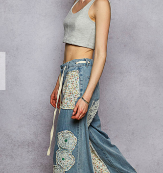 POL Clothing Inc Patchwork Lace Denim Wide Leg Pants By: POL