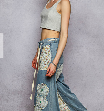 POL Clothing Inc Patchwork Lace Denim Wide Leg Pants By: POL