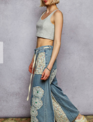 POL Clothing Inc Patchwork Lace Denim Wide Leg Pants By: POL