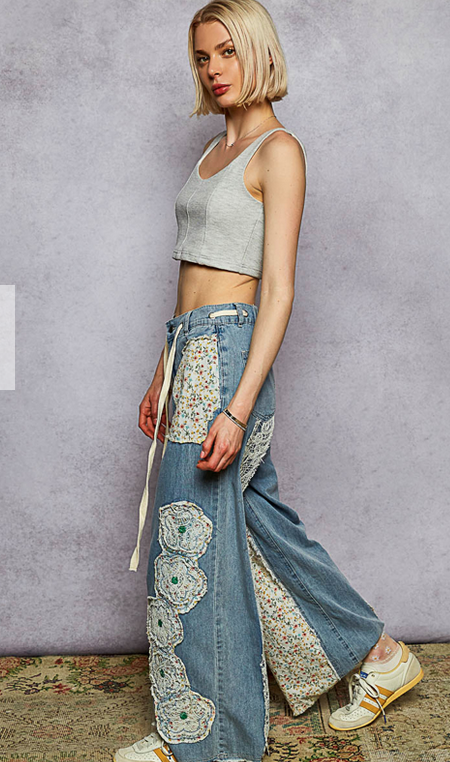 POL Clothing Inc Patchwork Lace Denim Wide Leg Pants By: POL
