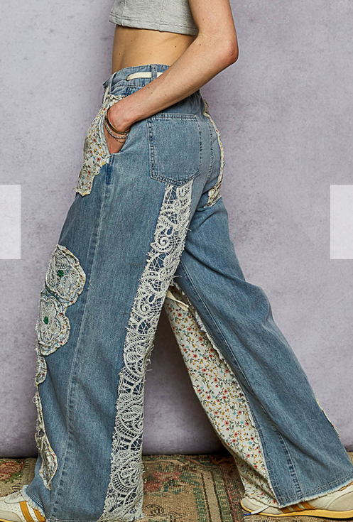 POL Clothing Inc Patchwork Lace Denim Wide Leg Pants By: POL