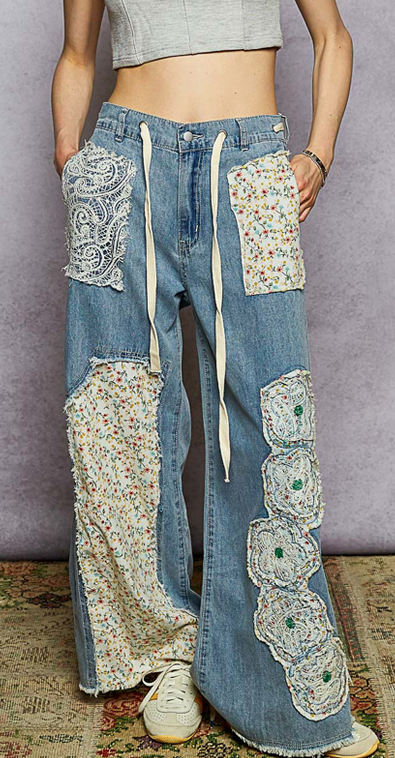 POL Clothing Inc Patchwork Lace Denim Wide Leg Pants By: POL