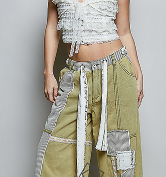 POL Clothing Inc Patchwork Stripe Olive Wide Leg Pants By: POL