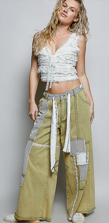 POL Clothing Inc Patchwork Stripe Olive Wide Leg Pants By: POL