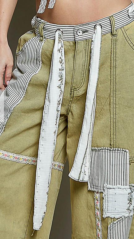 POL Clothing Inc Patchwork Stripe Olive Wide Leg Pants By: POL