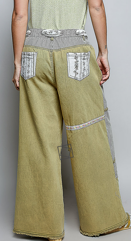 POL Clothing Inc Patchwork Stripe Olive Wide Leg Pants By: POL