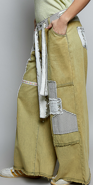 POL Clothing Inc Patchwork Stripe Olive Wide Leg Pants By: POL