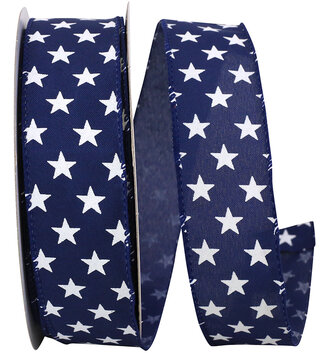 1.5" x 20 Yds Patriotic Stars on Navy Wired Edge Ribbon