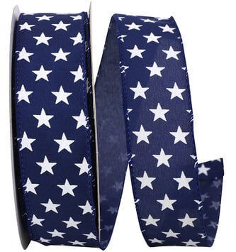 1.5" x 20 Yds Patriotic Stars on Navy Wired Edge Ribbon