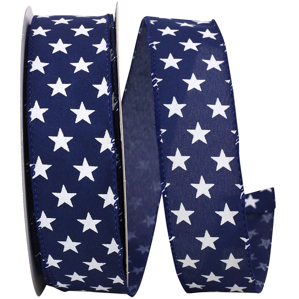 1.5" x 20 Yds Patriotic Stars on Navy Wired Edge Ribbon