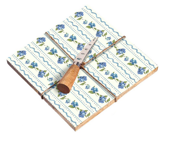 The Blue Hydrangea  Wooden Cheese Board w/ Knife