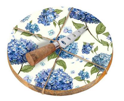 The Blue Hydrangea  Wooden Cheese Board w/ Knife