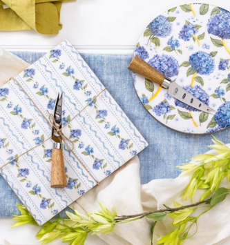 The Blue Hydrangea Wooden Cheese Board w/ Knife