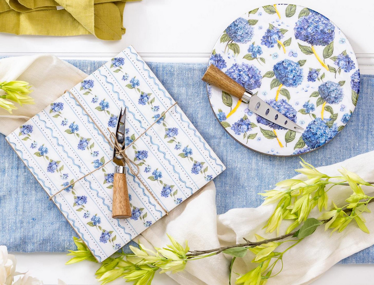 The Blue Hydrangea  Wooden Cheese Board w/ Knife
