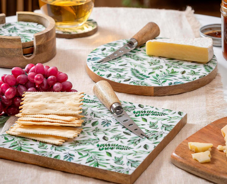 Green Vine Wooden Cheese Board w/ Knife (2-Styles)