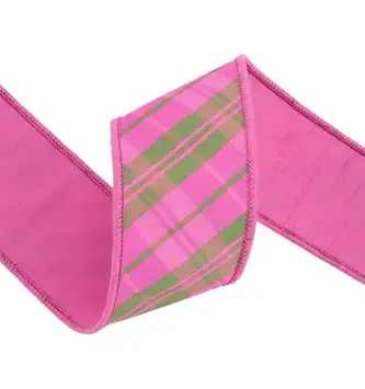 2.5" x 10 Yds Pink & Green Plaid Wired Dupioni Ribbon