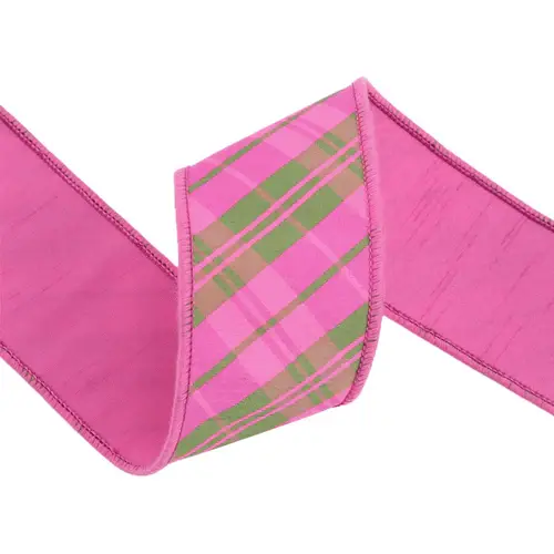 2.5" x 10 Yds Pink & Green Plaid Wired Dupioni Ribbon