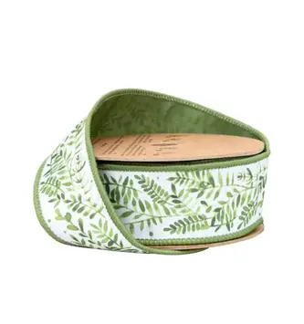 1.5" x 10 Yards Ferns on White Wired Dupioni Ribbon