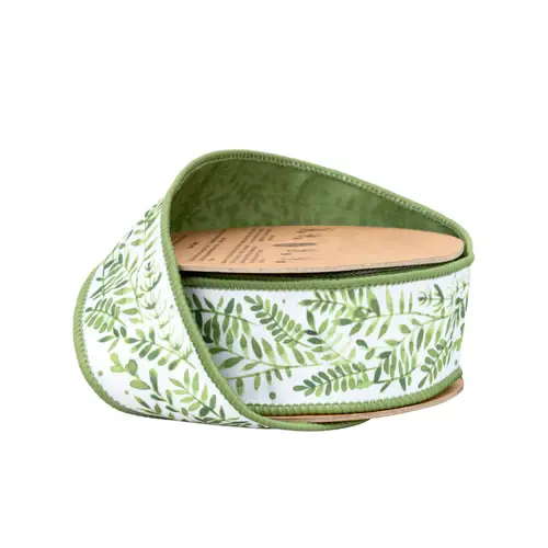 1.5" x 10 Yards Ferns on White Wired Dupioni Ribbon