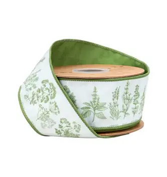 2.5" x 10 Yards Green & White Herbs Wired Dupioni Ribbon