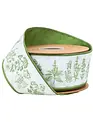 2.5" x 10 Yards Green & White Herbs Wired Dupioni Ribbon
