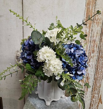 Custom Blue Hydrangea with Eucalyptus in Scalloped Vase
