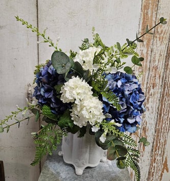 Custom Blue Hydrangea with Eucalyptus in Scalloped Vase