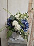 Custom Blue Hydrangea with Eucalyptus in Scalloped Vase