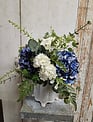 Custom Blue Hydrangea with Eucalyptus in Scalloped Vase