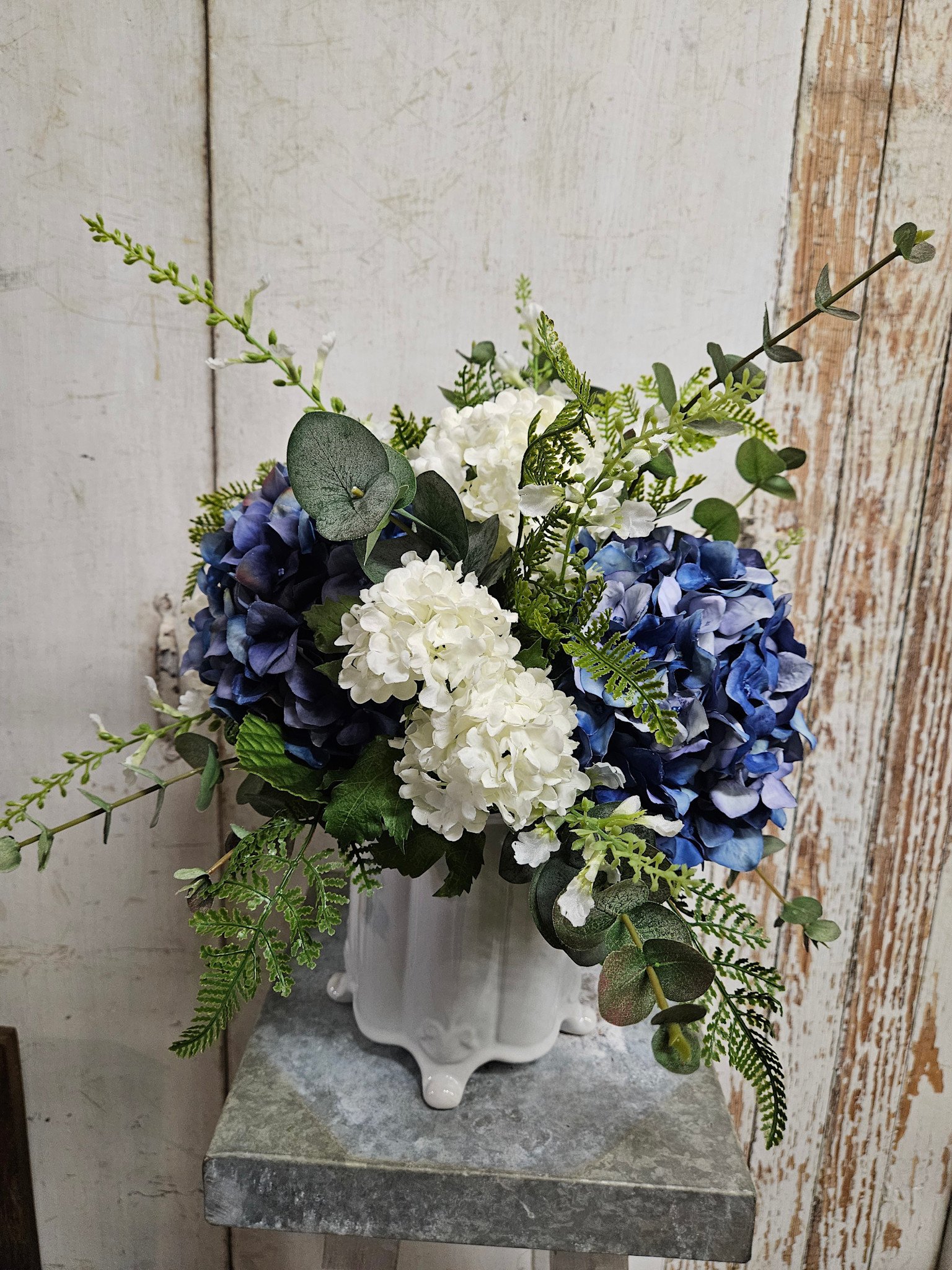 Custom Blue Hydrangea with Eucalyptus in Scalloped Vase