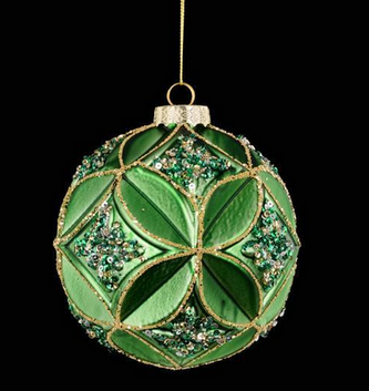 Embossed Gold/Green Glass Ball Ornament