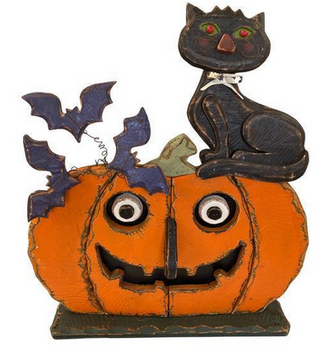 Hand Carved Black Cat Sitting on Jack-O-Lantern