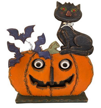 Hand Carved Black Cat Sitting on Jack-O-Lantern
