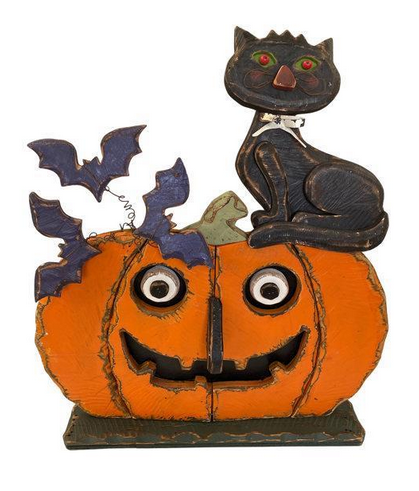 Hand Carved Black Cat Sitting on Jack-O-Lantern