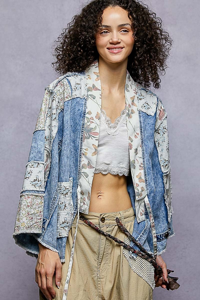 POL Clothing Inc Floral Denim Tie Jacket
