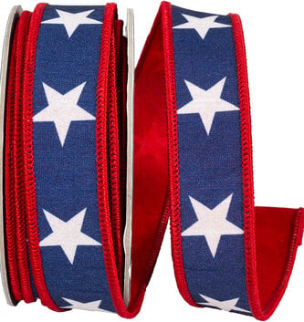 Navy & White Star Dupioni Wired Ribbon