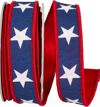 Navy & White Star Dupioni Wired Ribbon