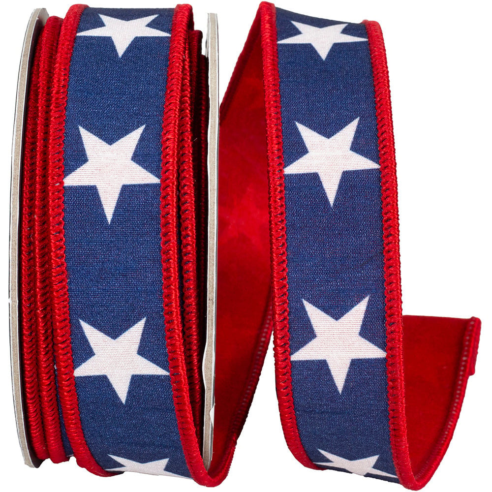 Navy & White Star Dupioni Wired Ribbon
