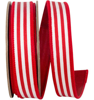 1" x 10 Yards Red/White Striped Twill Wired Ribbon